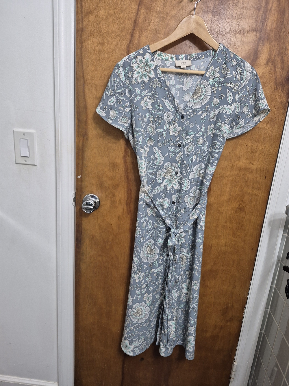 LOFT Outlet Floral Button-Front Dress in Dusty Blue with Cream and Mint Accents